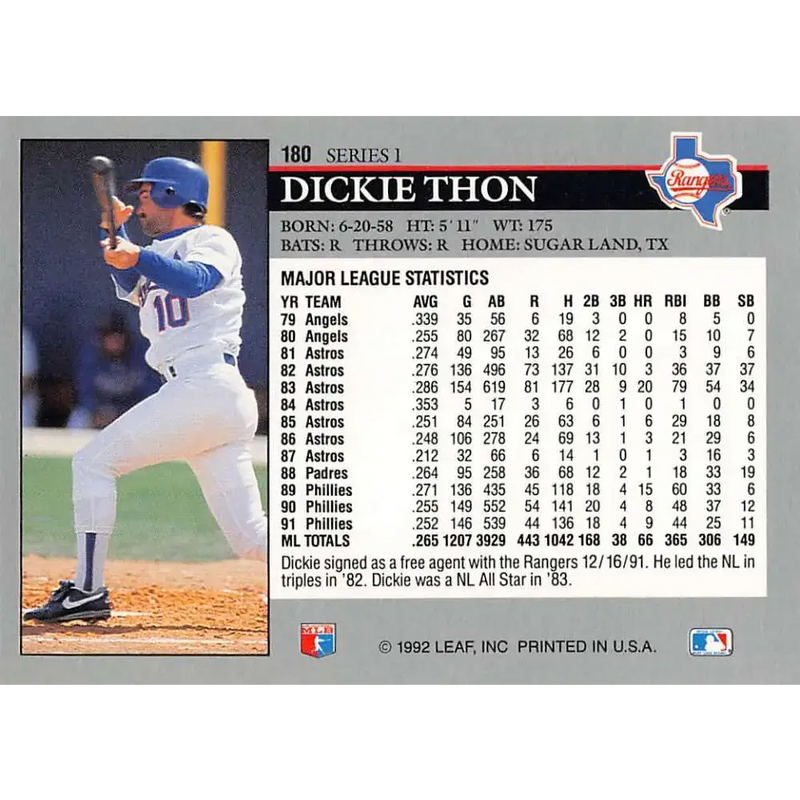 1992 Leaf #180 Dickie Thon NM-MT Texas Rangers Baseball Card - Baseball Card Single