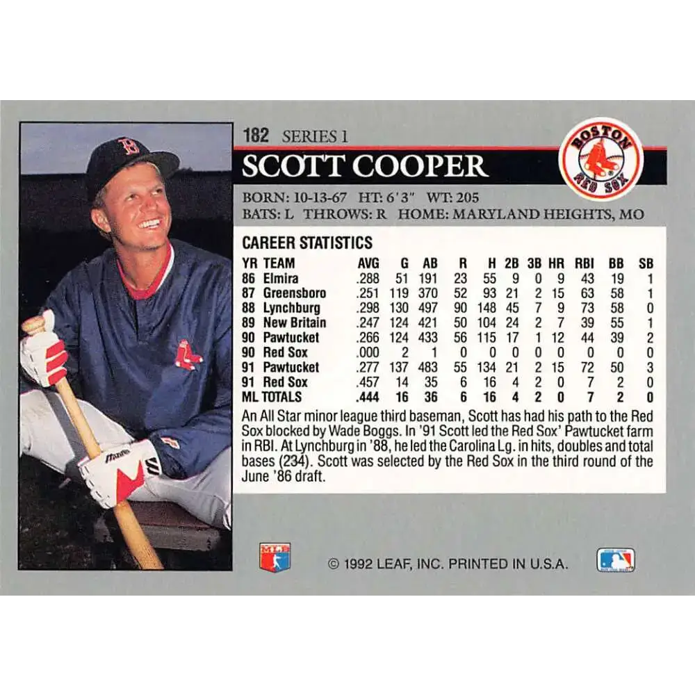1992 Leaf #182 Scott Cooper NM-MT Boston Red Sox Baseball Card - Baseball Card Single