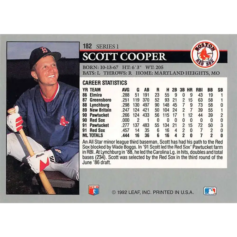 1992 Leaf #182 Scott Cooper NM-MT Boston Red Sox Baseball Card - Baseball Card Single