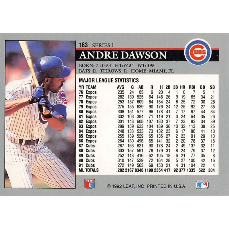 1992 Leaf #183 Andre Dawson NM-MT Chicago Cubs Baseball Card - Baseball Card Single