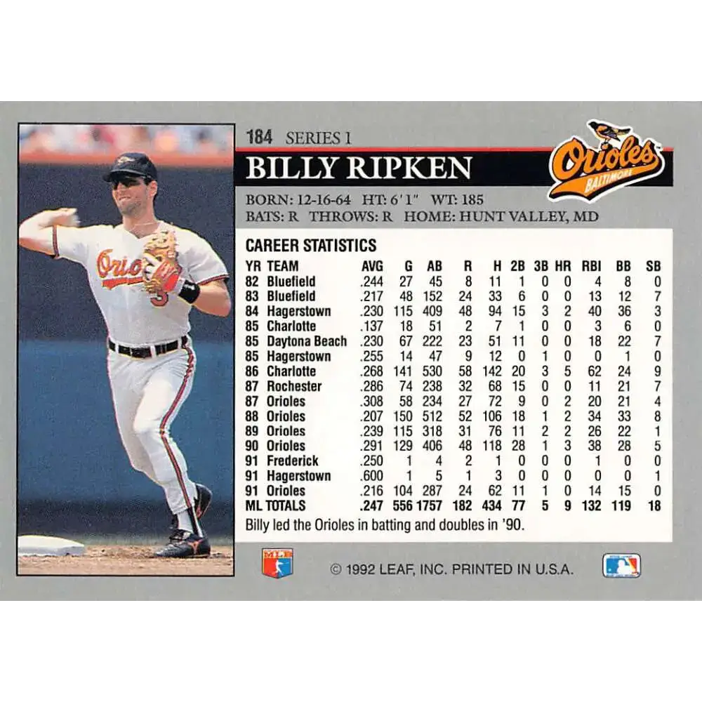 1992 Leaf #184 Billy Ripken NM-MT Baltimore Orioles Baseball Card - Baseball Card Single