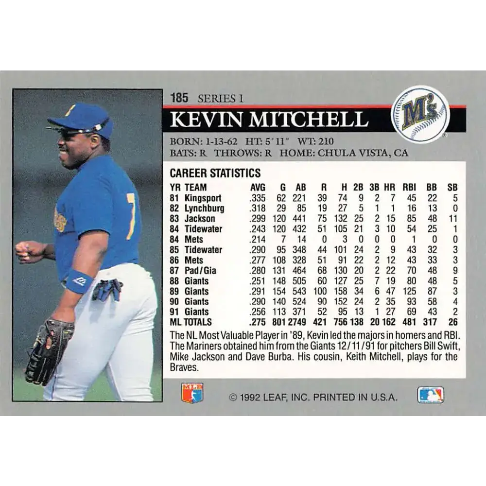 1992 Leaf #185 Kevin Mitchell NM-MT Seattle Mariners Baseball Card - Baseball Card Single