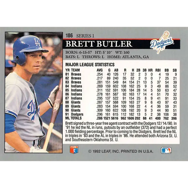 1992 Leaf #186 Brett Butler NM-MT Los Angeles Dodgers Baseball Card - Baseball Card Single