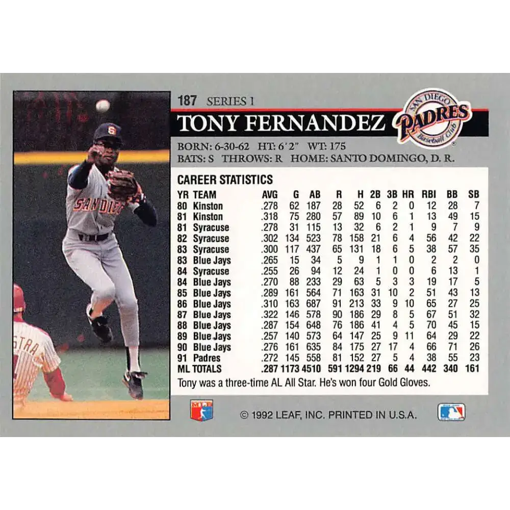 1992 Leaf #187 Tony Fernandez NM-MT San Diego Padres Baseball Card - Baseball Card Single