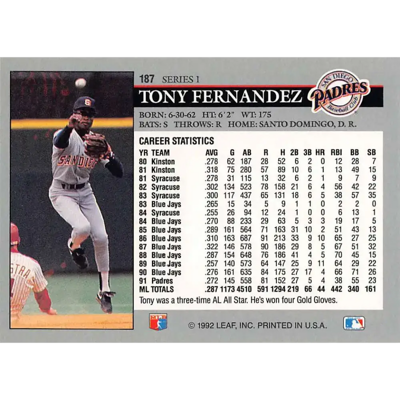 1992 Leaf #187 Tony Fernandez NM-MT San Diego Padres Baseball Card - Baseball Card Single