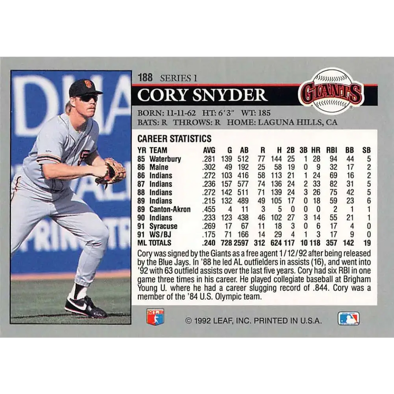 1992 Leaf #188 Cory Snyder NM-MT San Francisco Giants Baseball Card - Baseball Card Single