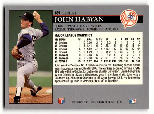 1992 Leaf #189 John Habyan EX/NM Yankees ID:60446 - Baseball Card Single