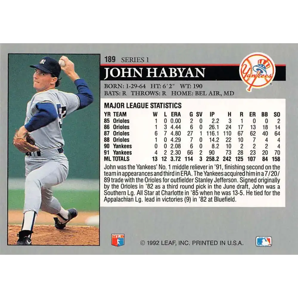 1992 Leaf #189 John Habyan NM-MT New York Yankees Baseball Card - Baseball Card Single