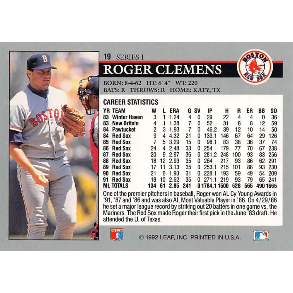 1992 Leaf #19 Roger Clemens NM-MT Boston Red Sox Baseball Card - Baseball Card Single