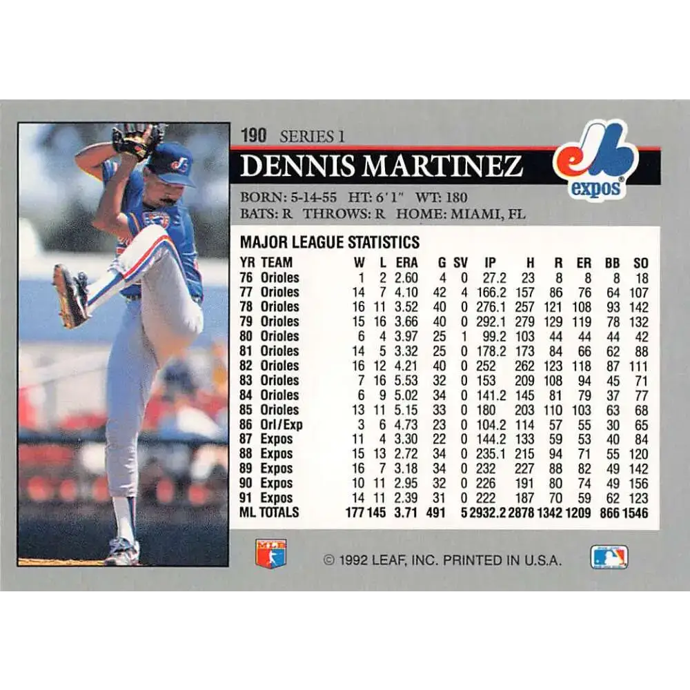 1992 Leaf #190 Dennis Martinez NM-MT Montreal Expos Baseball Card - Baseball Card Single