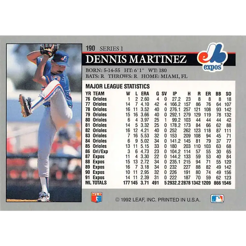 1992 Leaf #190 Dennis Martinez NM-MT Montreal Expos Baseball Card - Baseball Card Single