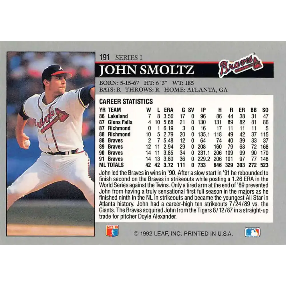 1992 Leaf #191 John Smoltz NM-MT Atlanta Braves Baseball Card - Baseball Card Single