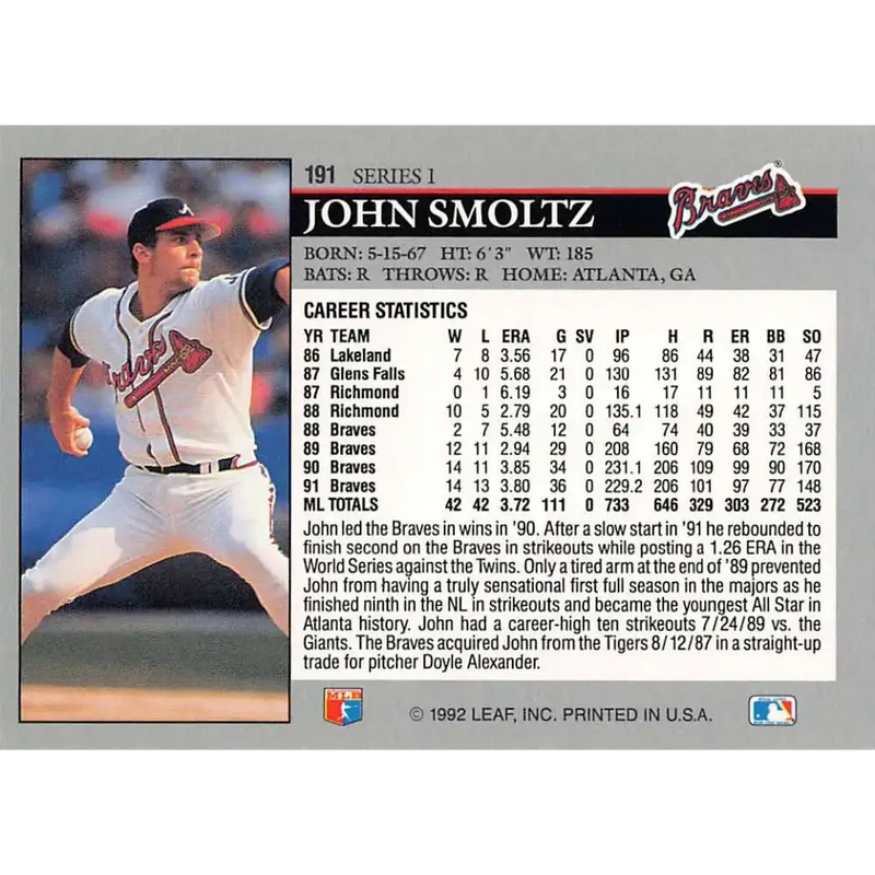 1992 Leaf #191 John Smoltz NM-MT Atlanta Braves Baseball Card - Baseball Card Single