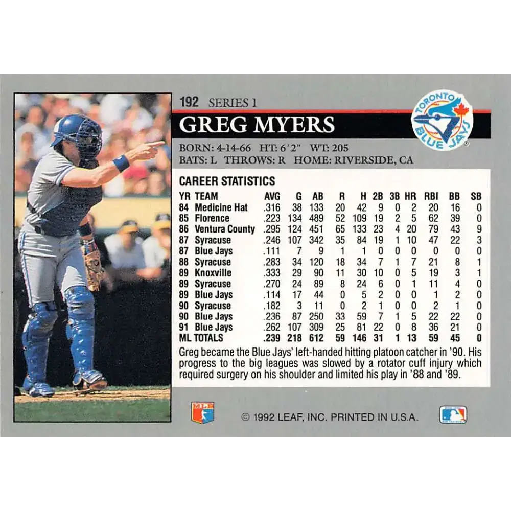 1992 Leaf #192 Greg Myers NM-MT Toronto Blue Jays Baseball Card - Baseball Card Single