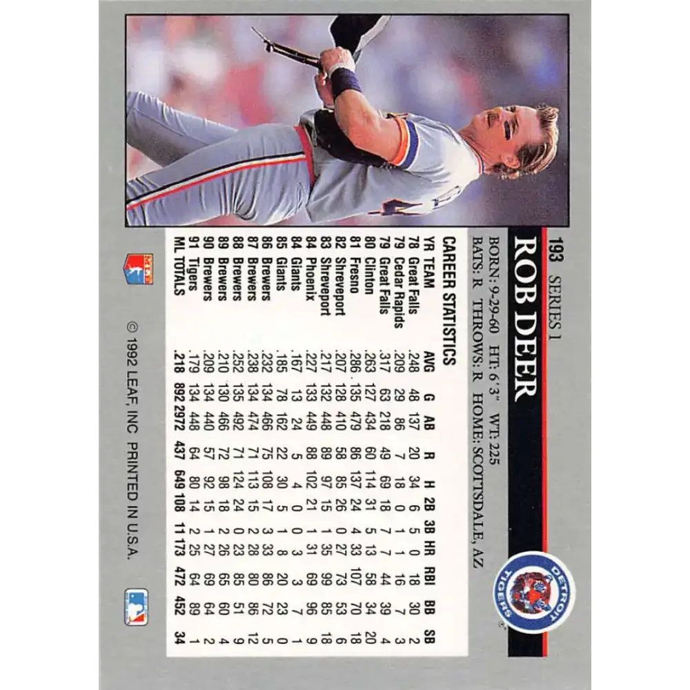1992 Leaf #193 Rob Deer NM-MT Detroit Tigers Baseball Card - Baseball Card Single