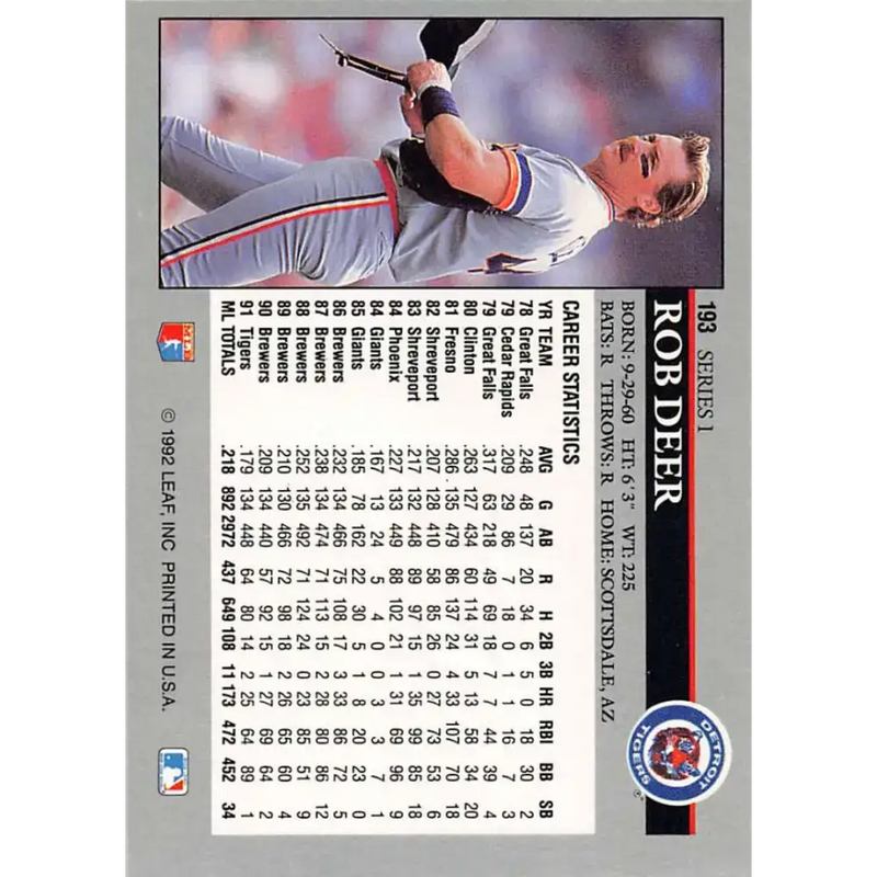 1992 Leaf #193 Rob Deer NM-MT Detroit Tigers Baseball Card - Baseball Card Single