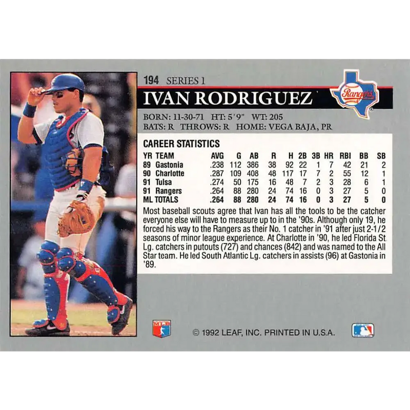 1992 Leaf #194 Ivan Rodriguez NM-MT Texas Rangers Baseball Card - Baseball Card Single