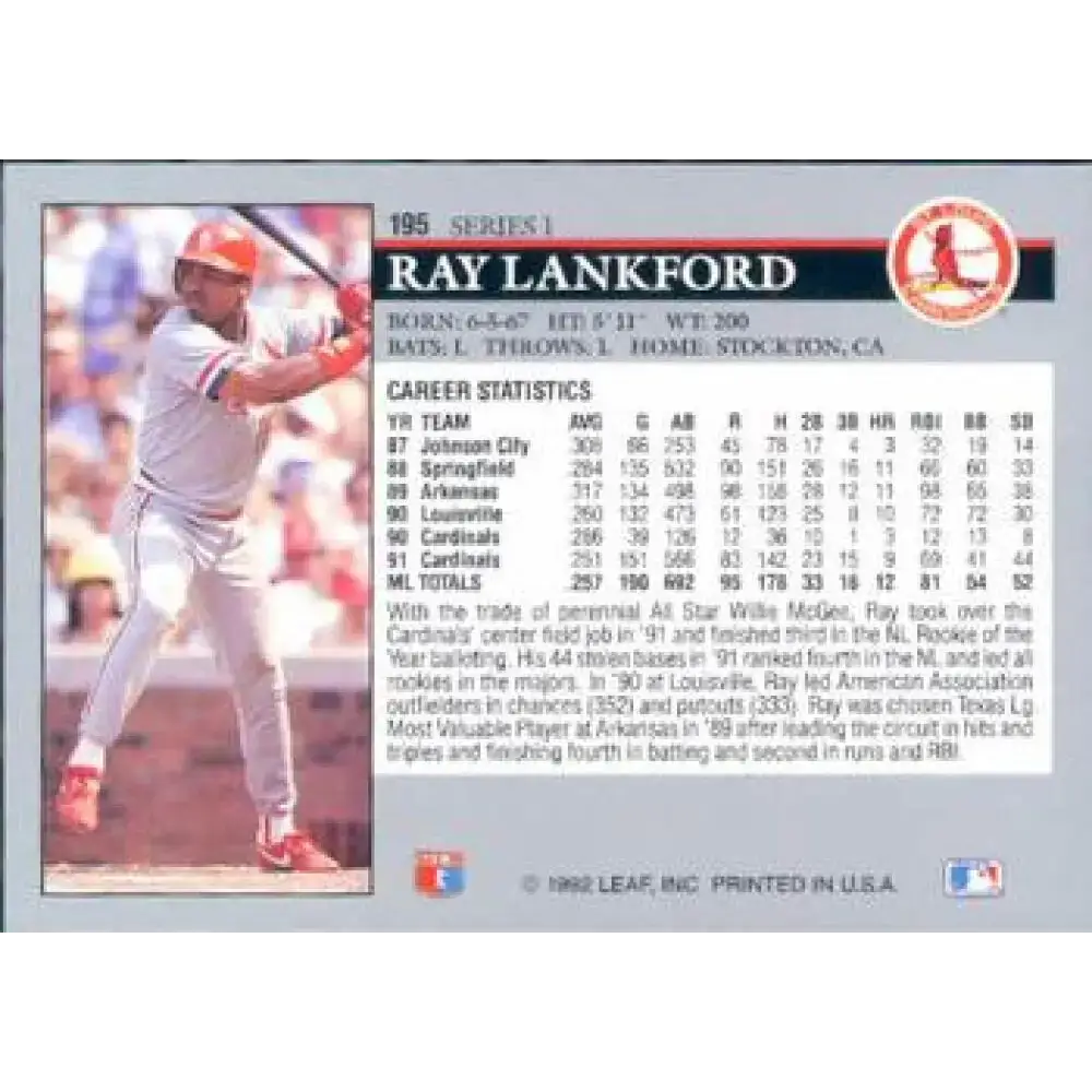 1992 Leaf #195 Ray Lankford NM-MT St. Louis Cardinals Baseball Card - Baseball Card Single