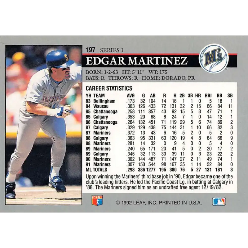 1992 Leaf #197 Edgar Martinez NM-MT Seattle Mariners Baseball Card - Baseball Card Single