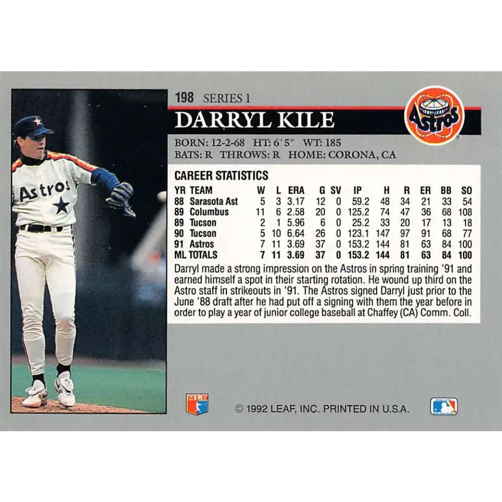 1992 Leaf #198 Darryl Kile NM-MT Houston Astros Baseball Card - Baseball Card Single