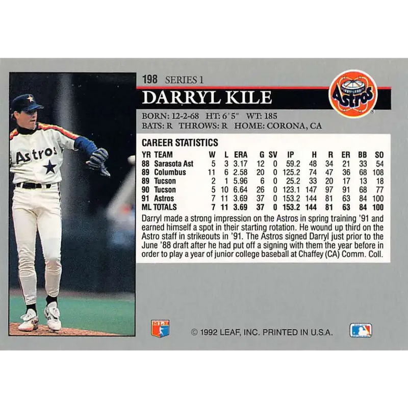 1992 Leaf #198 Darryl Kile NM-MT Houston Astros Baseball Card - Baseball Card Single