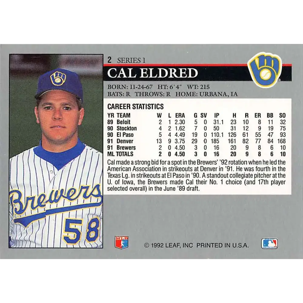 1992 Leaf #2 Cal Eldred NM-MT Milwaukee Brewers Baseball Card - Baseball Card Single