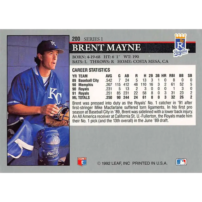 1992 Leaf #200 Brent Mayne NM-MT Kansas City Royals Baseball Card - Baseball Card Single