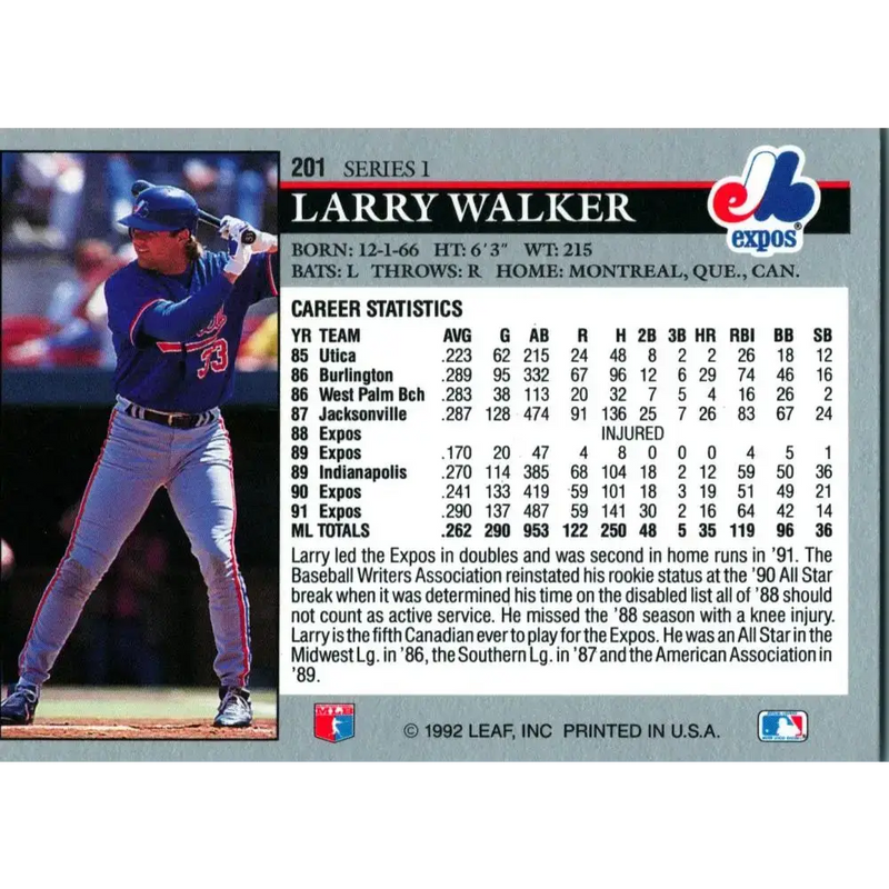 1992 Leaf #201 Larry Walker NM-MT Montreal Expos Baseball Card - Baseball Card Single