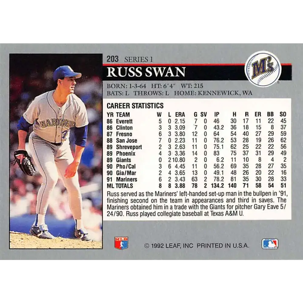 1992 Leaf #203 Russ Swan NM-MT Seattle Mariners Baseball Card - Baseball Card Single