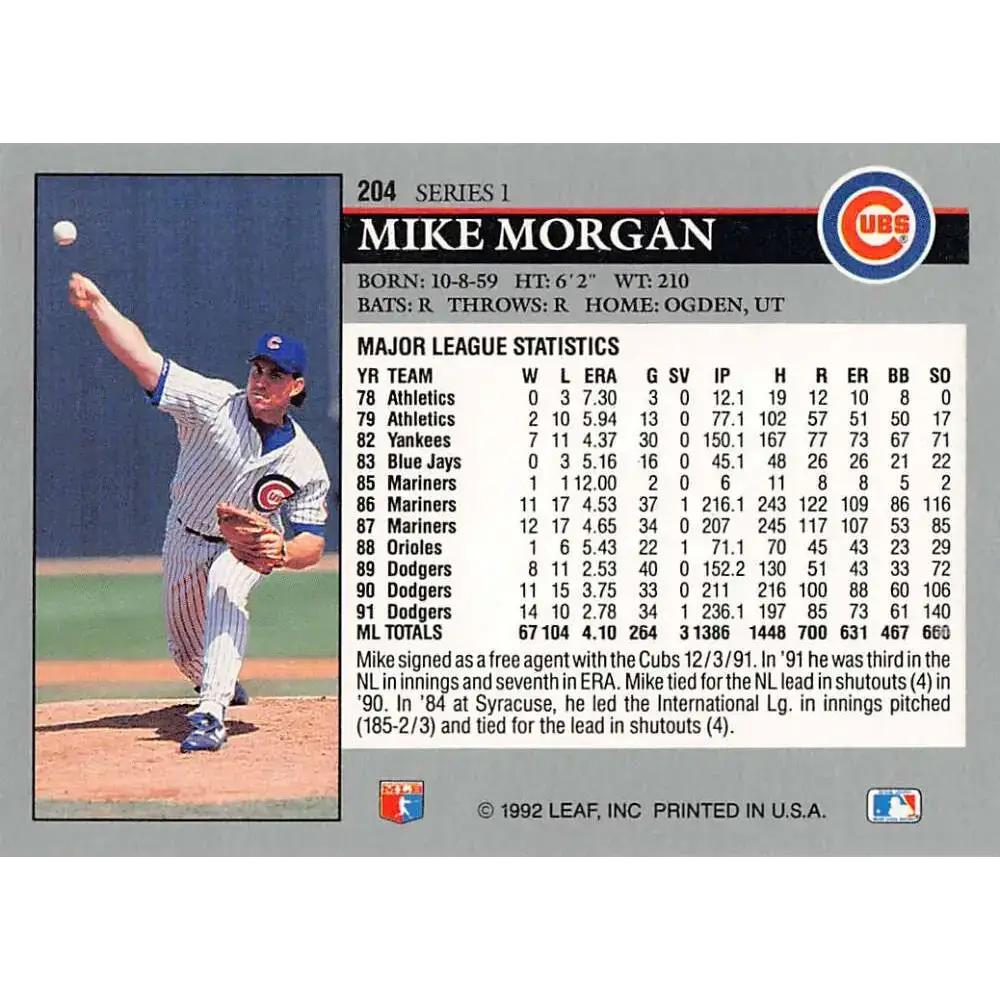 1992 Leaf #204 Mike Morgan NM-MT Chicago Cubs Baseball Card - Baseball Card Single