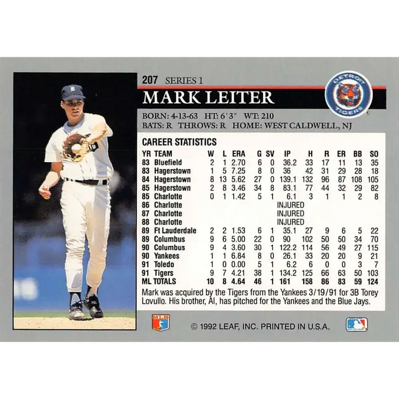 1992 Leaf #207 Mark Leiter NM-MT Detroit Tigers Baseball Card - Baseball Card Single