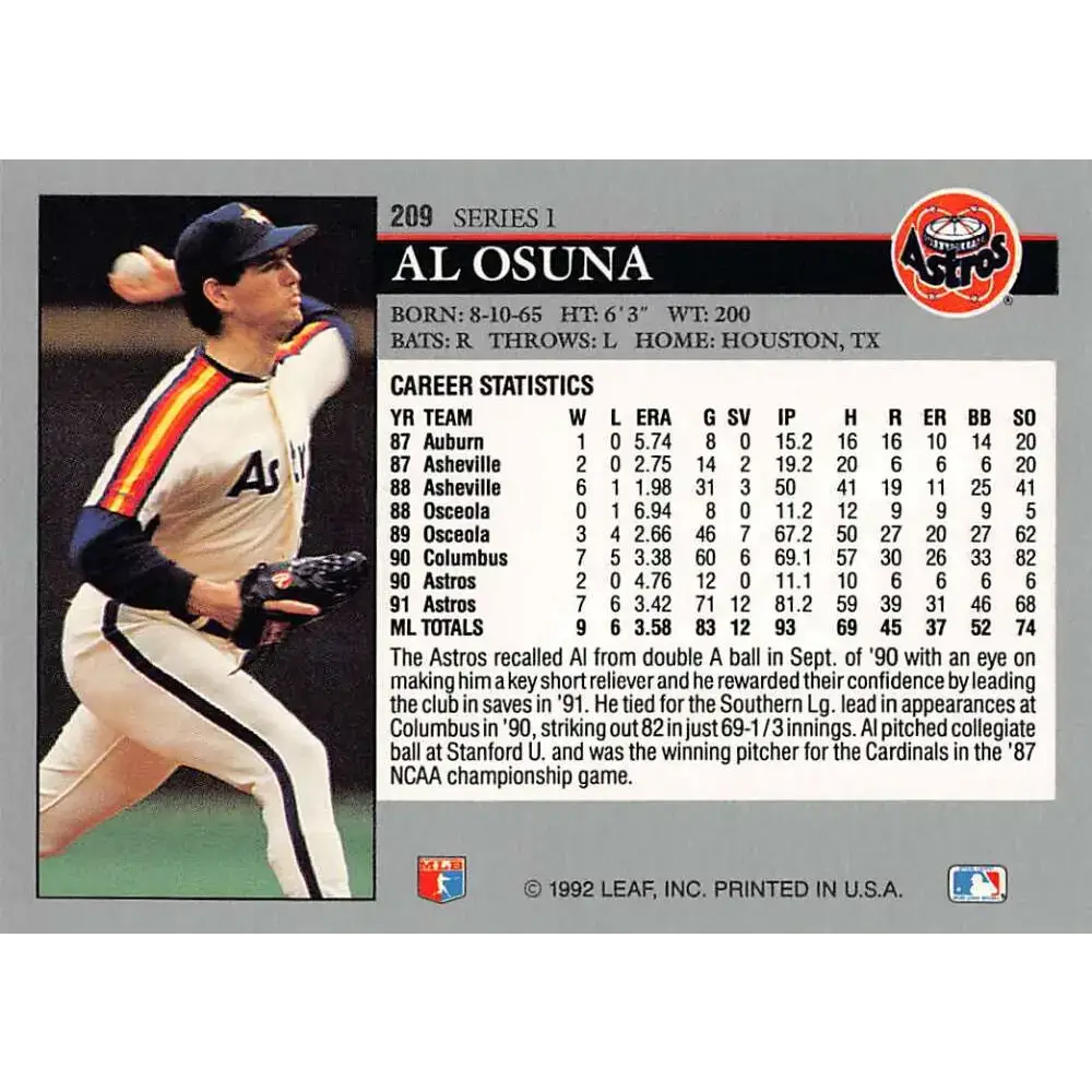 1992 Leaf #209 Al Osuna NM-MT Houston Astros Baseball Card - Baseball Card Single