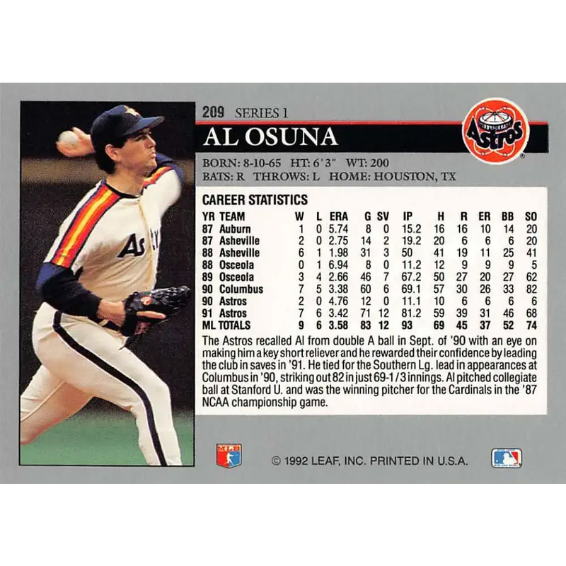 1992 Leaf #209 Al Osuna NM-MT Houston Astros Baseball Card - Baseball Card Single