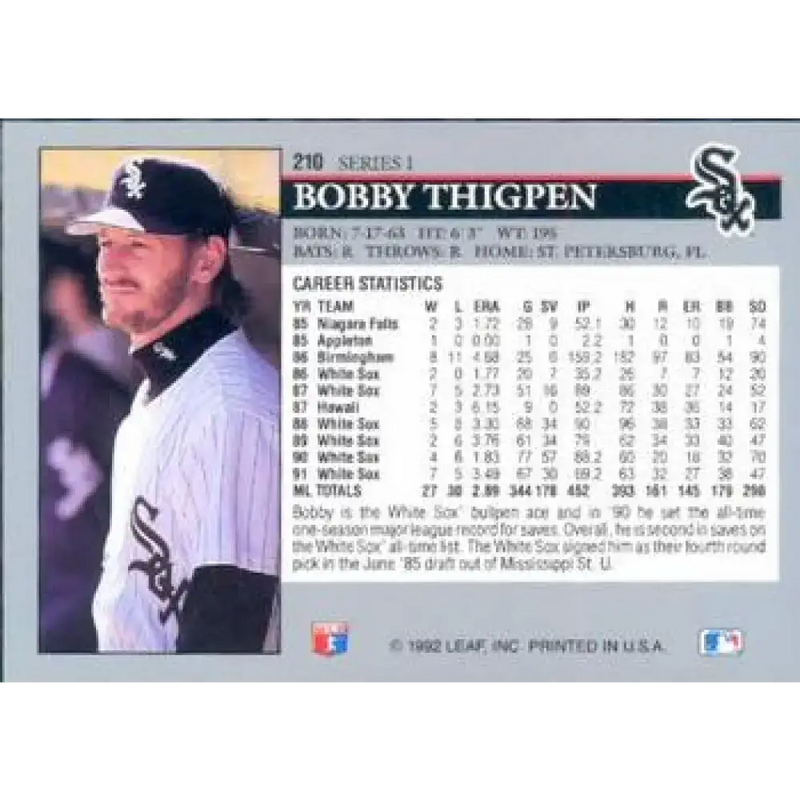 1992 Leaf #210 Bobby Thigpen NM-MT Chicago White Sox Baseball Card - Baseball Card Single