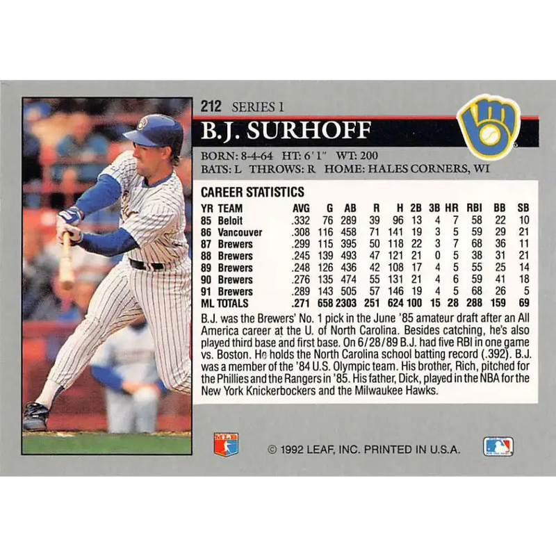 1992 Leaf #212 B.J. Surhoff NM-MT Milwaukee Brewers Baseball Card - Baseball Card Single