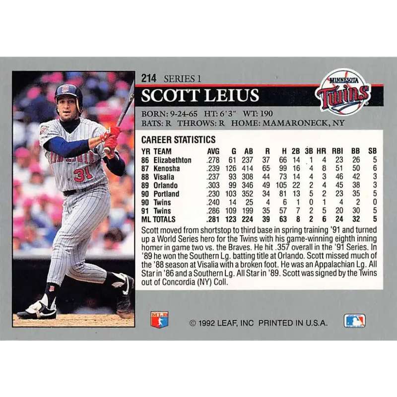 1992 Leaf #214 Scott Leius NM-MT Minnesota Twins Baseball Card - Baseball Card Single