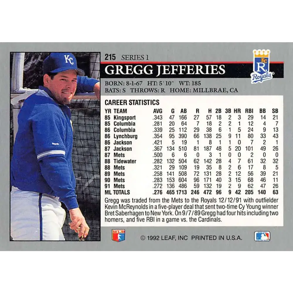 1992 Leaf #215 Gregg Jefferies NM-MT Kansas City Royals Baseball Card - Baseball Card Single