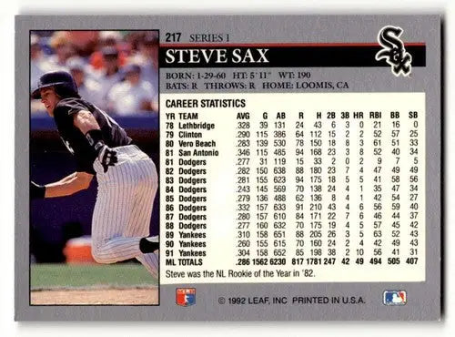 1992 Leaf #217 Steve Sax Chicago White Sox Baseball Cards EX/NM ID:59554 - Baseball Card Single