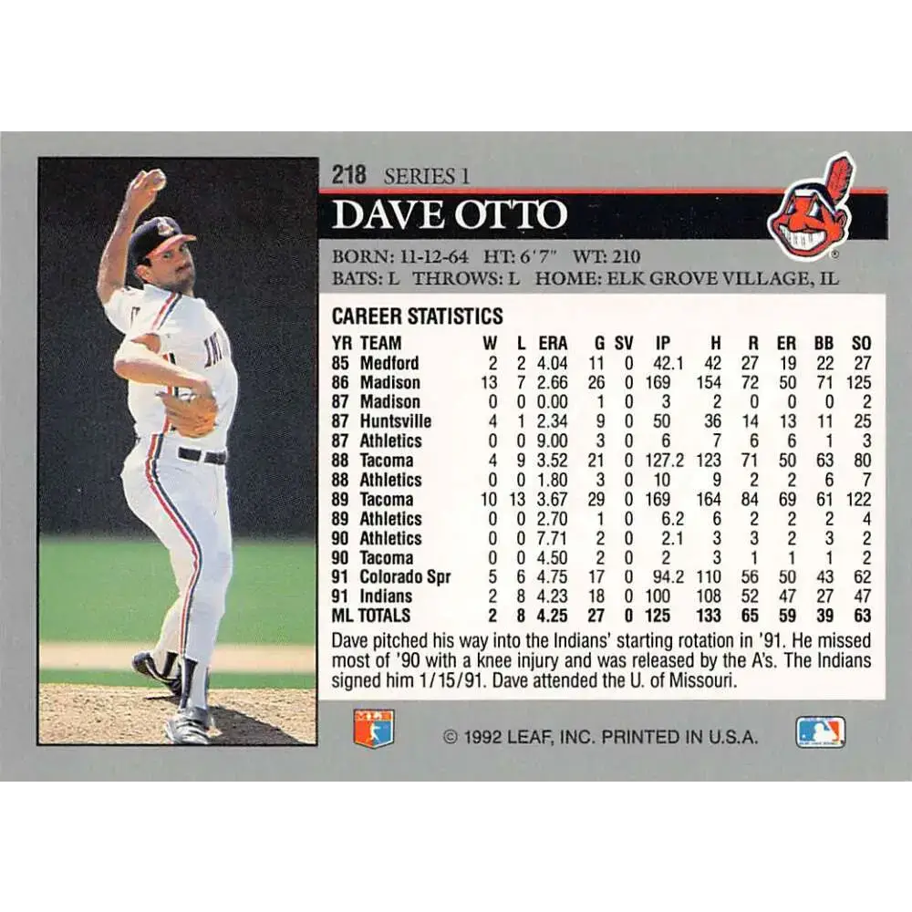 1992 Leaf #218 Dave Otto NM-MT Cleveland Indians Baseball Card - Baseball Card Single