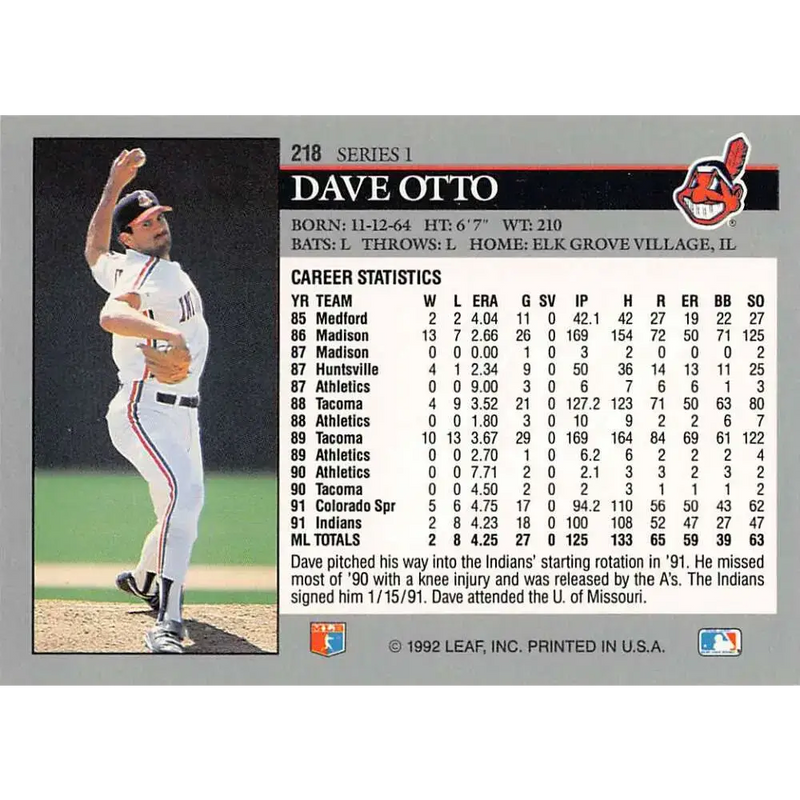 1992 Leaf #218 Dave Otto NM-MT Cleveland Indians Baseball Card - Baseball Card Single