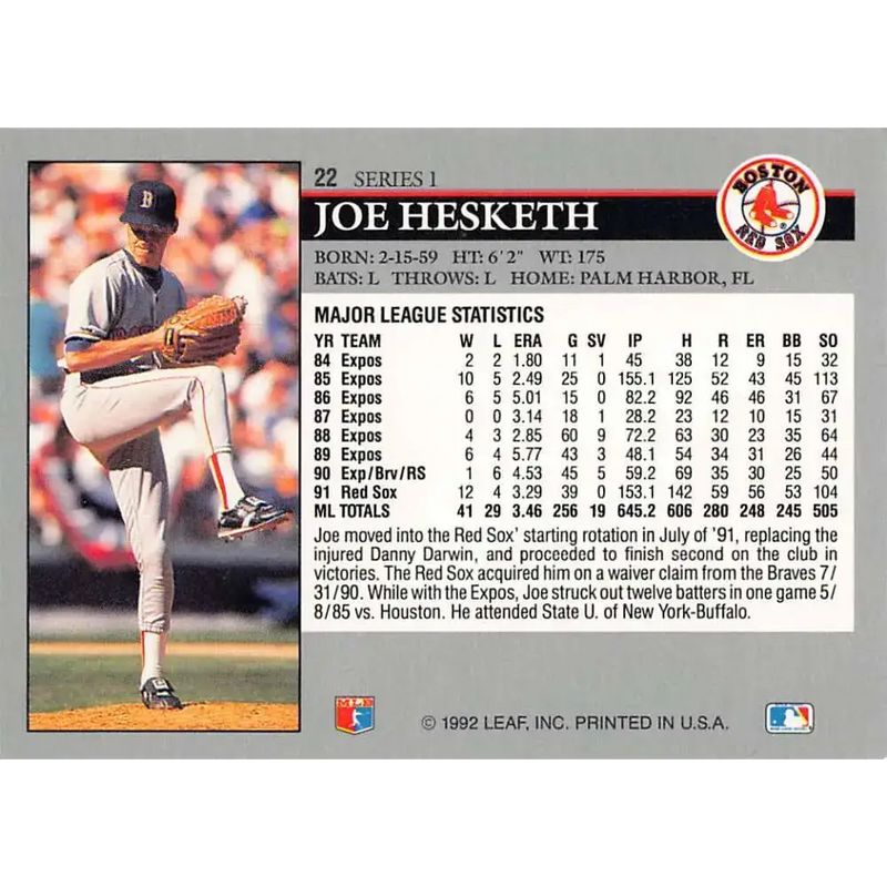 1992 Leaf #22 Joe Hesketh NM-MT Boston Red Sox Baseball Card - Baseball Card Single