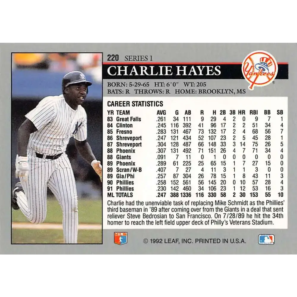 1992 Leaf #220 Charlie Hayes NM-MT New York Yankees Baseball Card - Baseball Card Single