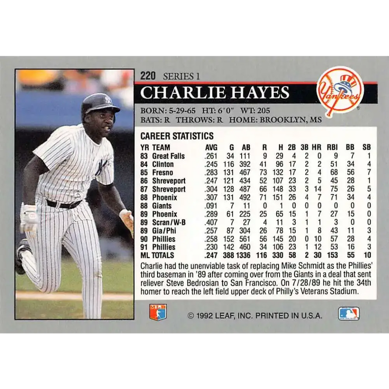 1992 Leaf #220 Charlie Hayes NM-MT New York Yankees Baseball Card - Baseball Card Single