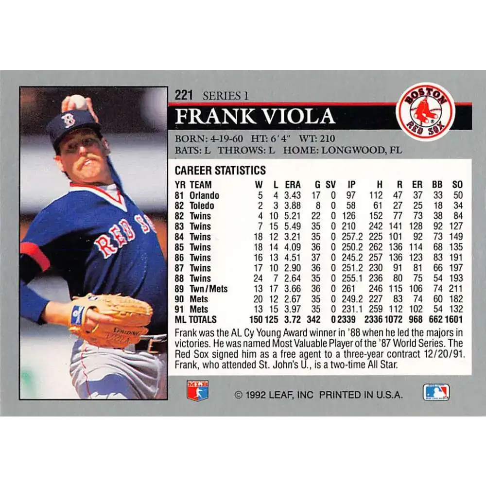 1992 Leaf #221 Frank Viola NM-MT Boston Red Sox Baseball Card - Baseball Card Single