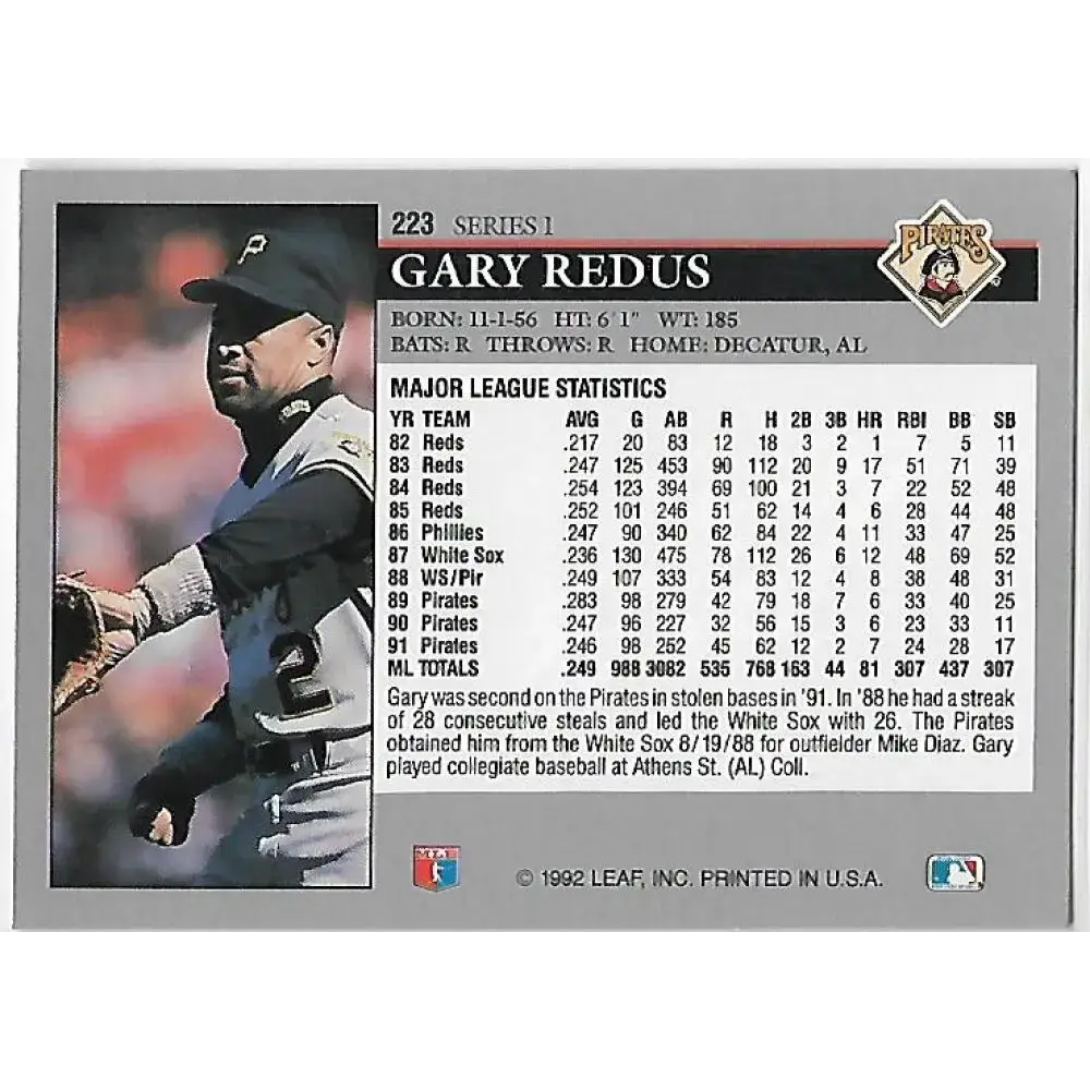 1992 Leaf #223 Gary Redus NM-MT Pittsburgh Pirates Baseball Card - Baseball Card Single
