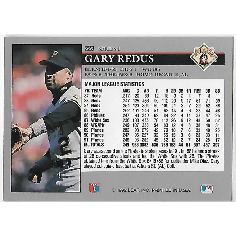 1992 Leaf #223 Gary Redus NM-MT Pittsburgh Pirates Baseball Card - Baseball Card Single