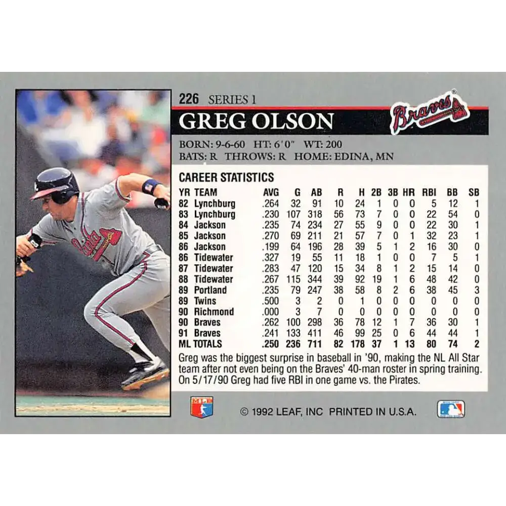 1992 Leaf #226 Greg Olson NM-MT Atlanta Braves Baseball Card - Baseball Card Single