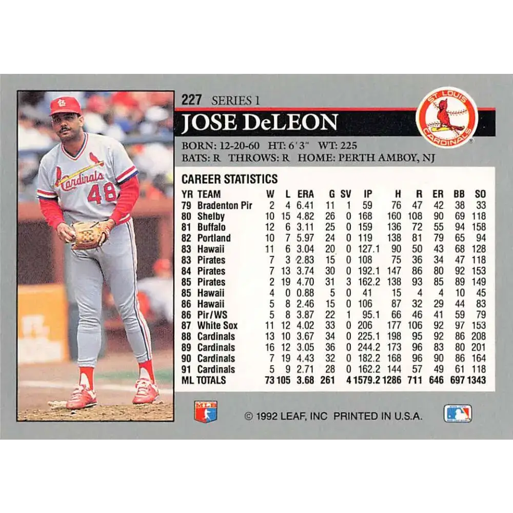 1992 Leaf #227 Jose DeLeon NM-MT St. Louis Cardinals Baseball Card - Baseball Card Single