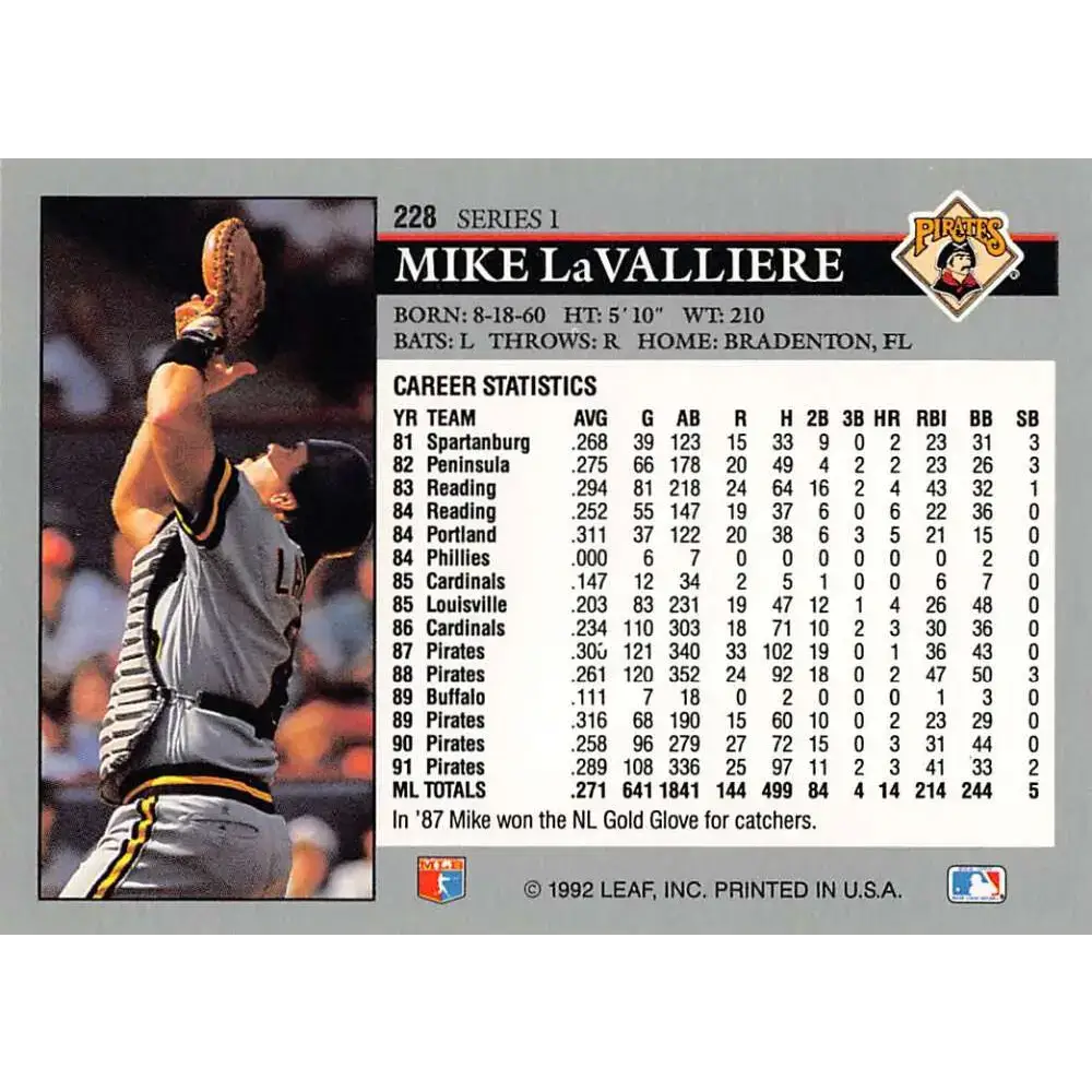1992 Leaf #228 Mike LaValliere NM-MT Pittsburgh Pirates Baseball Card - Baseball Card Single