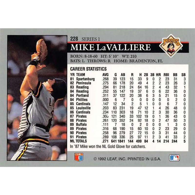 1992 Leaf #228 Mike LaValliere NM-MT Pittsburgh Pirates Baseball Card - Baseball Card Single